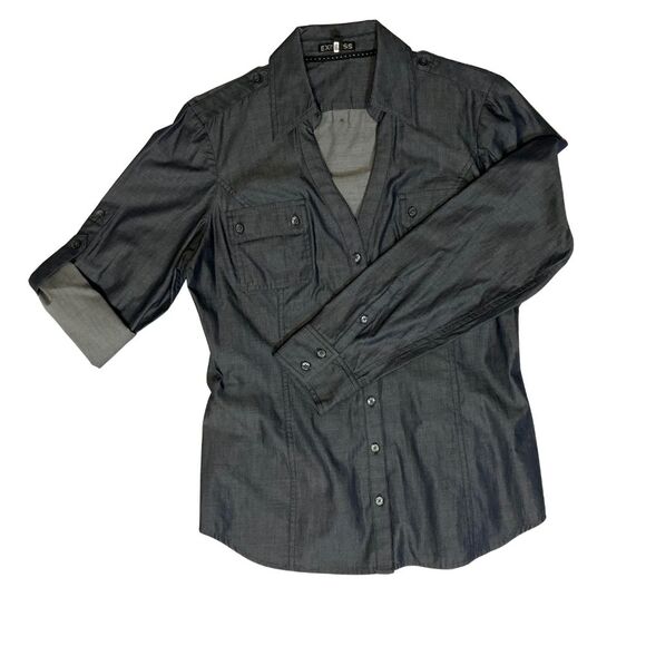 Express Womens Button Down Shirt Medium Roll Tab Sleeve Blue - Picture 5 of 8